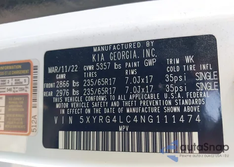 2022 Kia Sorento Lx z USA, uszkodzony, nr VIN 5XYRG4LC4NG111474